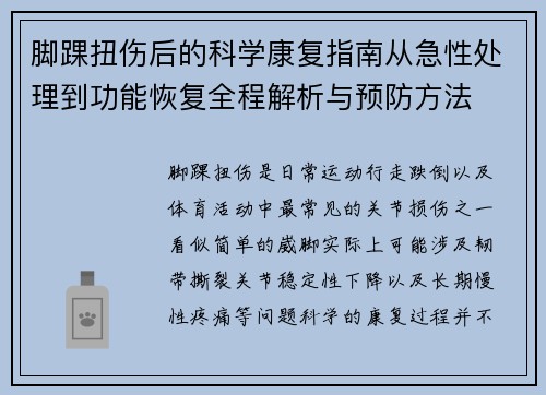 脚踝扭伤后的科学康复指南从急性处理到功能恢复全程解析与预防方法